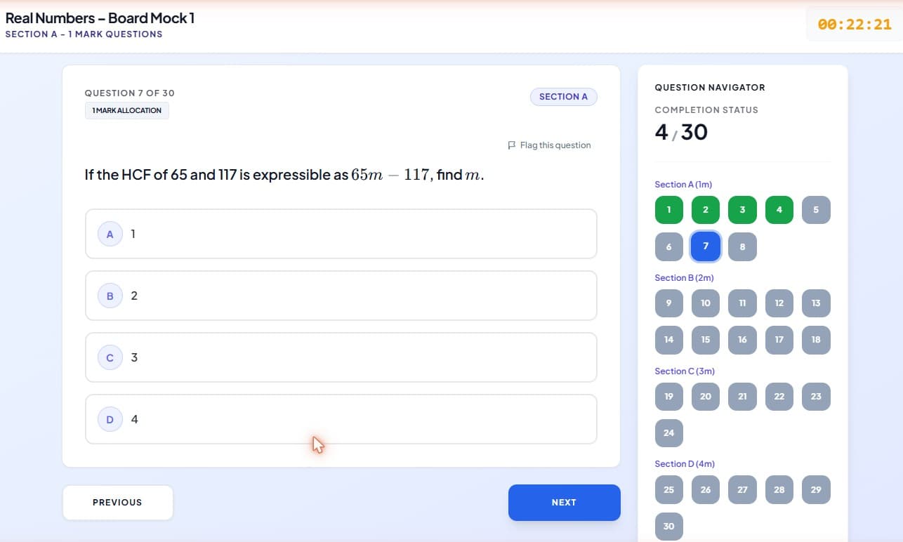 Young Math Brains board-pattern mock test with sections, marks and a timer